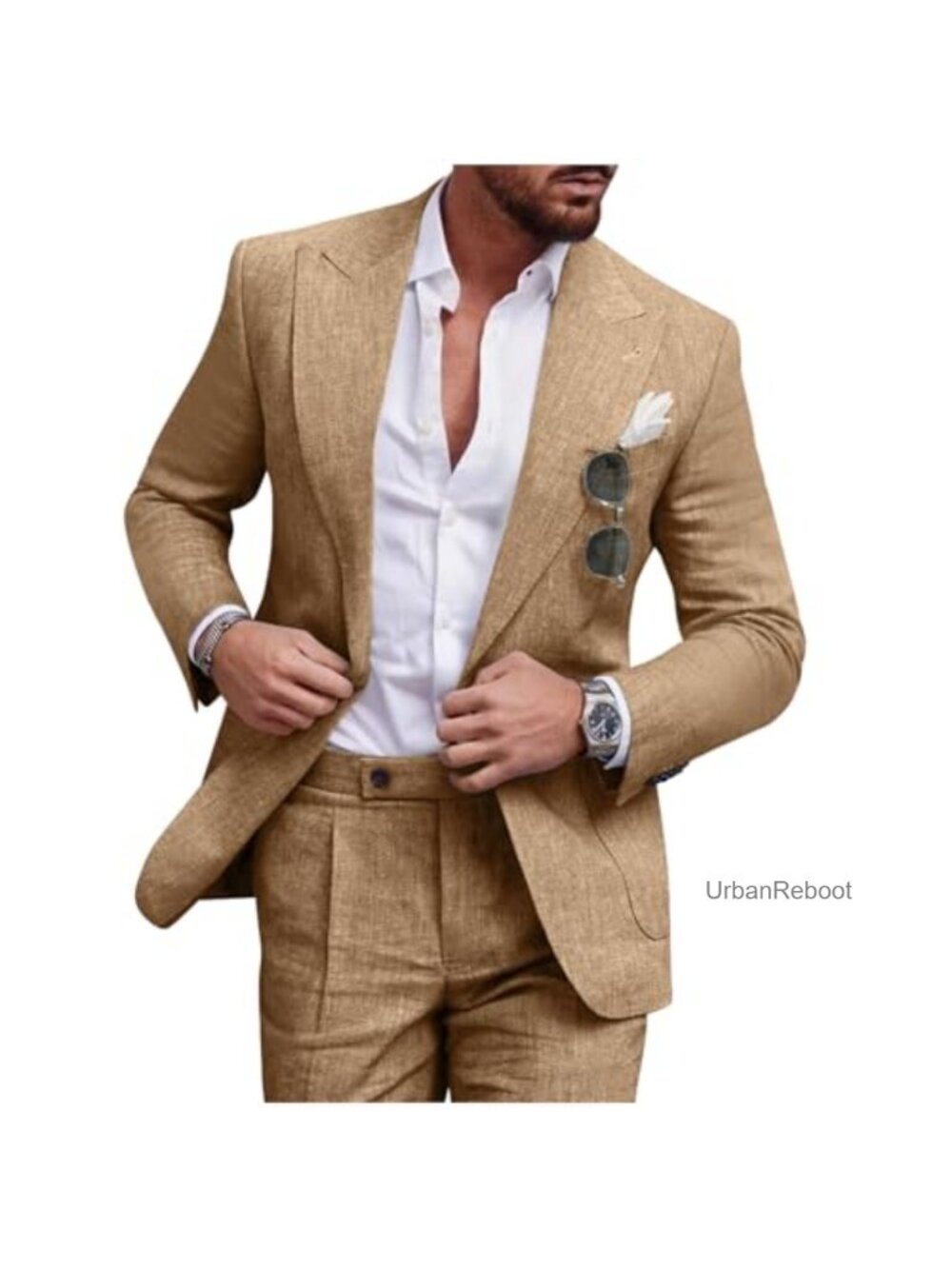 Men's Linen Suit 2 Piece Slim Fit Tuxedo Beach Wedding Formal Suit
